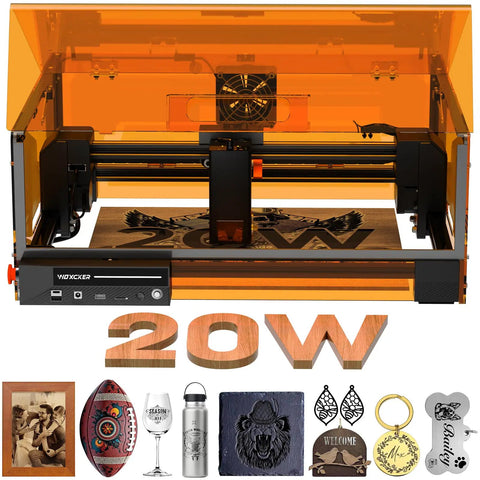 High Power 20W Laser Cutter And Engraver With 300x300mm Bed Delivers Deep Cuts And Crisp Engraving On Wood Metal Glass Leather And Acrylic For DIYers And Makers Class 1 Safe Output showing engraved items