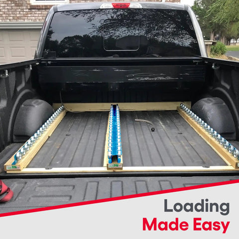 Kick Major Weight Around Your Shop With These 5 Foot Heavy Duty Conveyor Flow Rails Using Smooth Steel Skate Wheels For Frictionless Gravity Material Handling And Warehouse Setup 260 Lbs Per Ft Capacity Powder Coated Steel Build in truck bed.