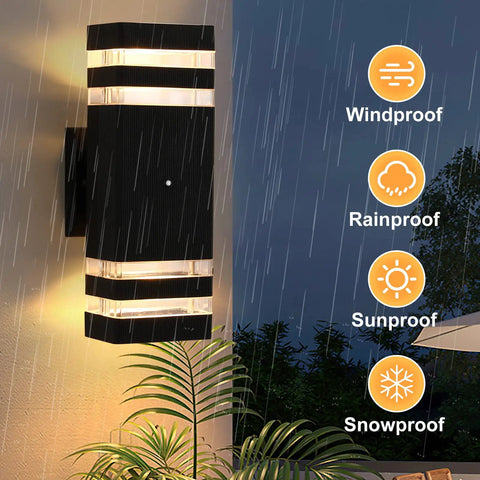 Two Pack Dusk To Dawn Outdoor Wall Lights Up And Down Sconce Black Aluminum Waterproof Exterior Porch Lights in rain