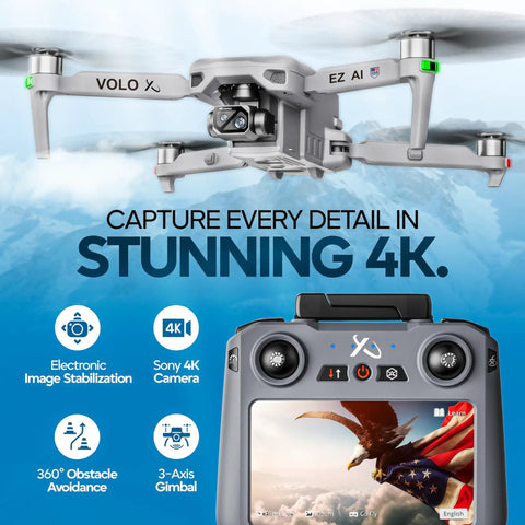 AI Guided 4K Drone With Camera For Adults, FAA Approved, shown in flight with 360 Degree Obstacle Avoidance features highlighted.