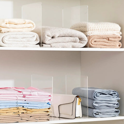 Clear Acrylic Shelf Dividers For Closet Organization 6 Pack Adjustable Book And Sweater Supports Straight Up Solid Zero Assembly Purse Separators neatly organizing stacked blankets and bags.