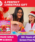 Girls enjoying hands-on experiment from Girls Science Kit Chemistry Set For Kids Ages 8 To 14 Ultimate STEM Toy With 50 Plus Experiments Learning Projects Rainbow Crystals Color Changing Volcanoes Lava Lamps Unicorn Bath Bombs Kid Approved Hands On Science Fun, with colorful chemicals and tools.