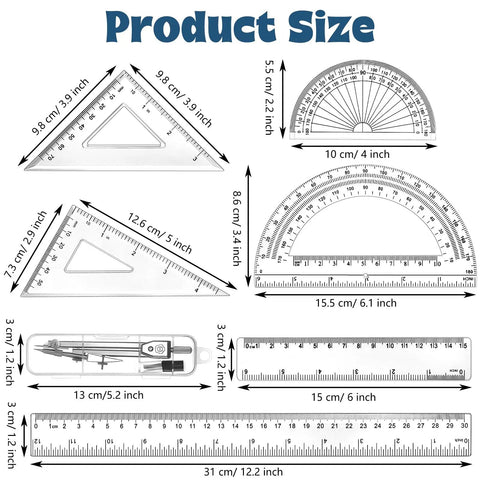 Product size details of Real Deal 7 Piece Geometry Set With Fine Tip Drawing Compass And 6 Plus 4 Inch Protractors.