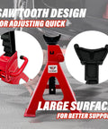 Close-up of Six Ton Jack Stands Beefy Heavy Duty Self Locking With Quick Adjustment Steel Stands, red, garage use