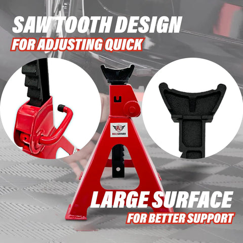 Close-up of Six Ton Jack Stands Beefy Heavy Duty Self Locking With Quick Adjustment Steel Stands, red, garage use