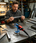 Heavy-Duty Welding Torch Holder With Strong Magnetic Base on workbench, securing MIG torch with anti-slip design