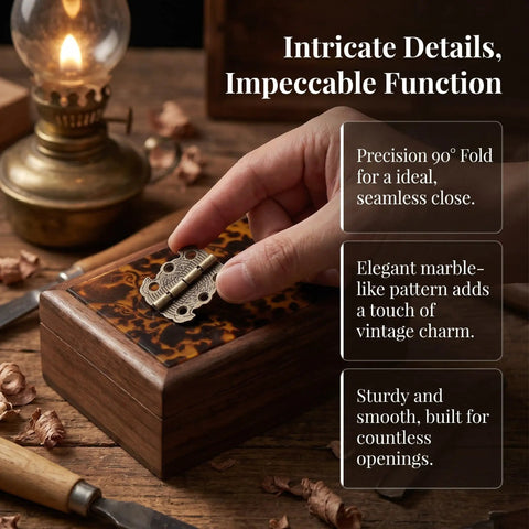 Hand fitting Awesome Vintage Bronze Butterfly Hinges Pack Of Twenty Mini Zinc Alloy Ones With Cool Decorative Finish on wood box.