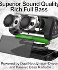 Interior view of Big Bass Portable Bluetooth Speaker With 14 Watts Of Power And Room-Filling Sound For Outdoors And Home, 100 Ft Wireless Range, Pair Two For Stereo, IPX7 Waterproof, Perfect Gift For Any Music Junkie, showing dual neodymium drivers and passive bass radiator components