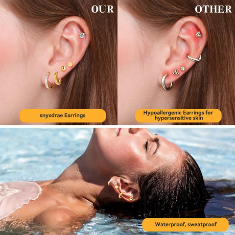 Hypoallergenic Flat Back Earrings Set For Women And Men With Multiple Piercings, 14K Gold Vacuum Plated 316L Stainless Steel Tiny Cubic Zirconia Studs And Cartilage Hoop Earrings, Unisex Gold CZ Hoop Plus Flat Back Stud on ear model