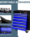 Seven Drawer Rolling Tool Chest On Wheels With Locking Casters And Tubular Handle, Built Tough Tool Cart For Your Garage, Shop Or Warehouse, Massive 7 Drawer Storage In Black And Blue. Front view with drawers open