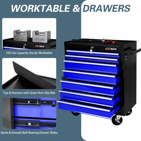 Seven Drawer Rolling Tool Chest On Wheels With Locking Casters And Tubular Handle, Built Tough Tool Cart For Your Garage, Shop Or Warehouse, Massive 7 Drawer Storage In Black And Blue. Front view with drawers open
