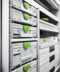 Stacked Systainer 204841 SYS3 M 1 for tool organization and quick transport, showing interconnecting storage units in use.