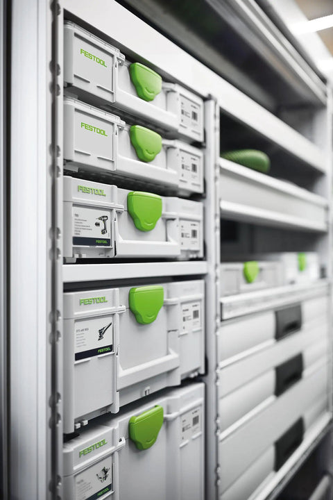 Stacked Systainer 204841 SYS3 M 1 for tool organization and quick transport, showing interconnecting storage units in use.