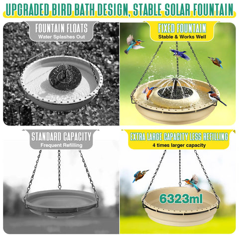 Large Solar Powered Bird Bath Fountain Kit With Four Spray Nozzles For Hummingbirds 1.67 Gallon Hanging Bath Bowl Easy Setup