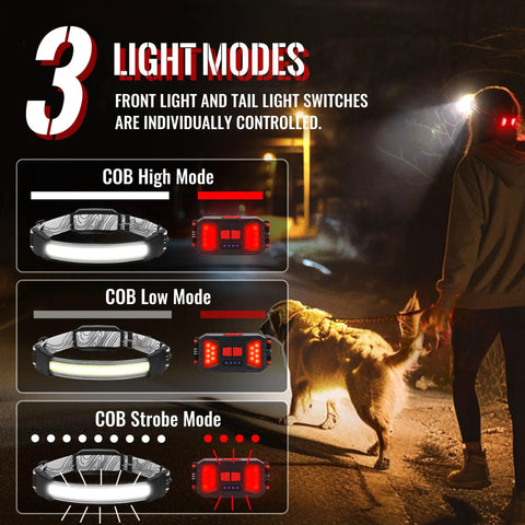 Ultra Bright 1000LM USB Rechargeable Headlamp with 230 Degree Wide Beam Taillight Individual Control Waterproof Running and Camping Headlamps 8 Clips 2 Pack Black shown in three light modes with woman walking dog at night