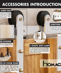 Brushed Nickel Single Track Bypass Sliding Barn Door Hardware Kit for Double Doors with accessories, rollers, and anti-jump pad.
