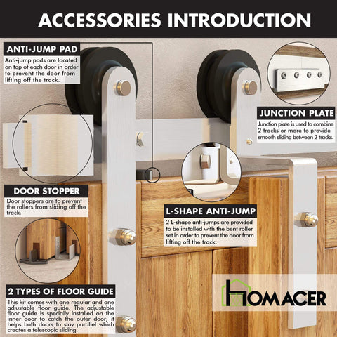 Brushed Nickel Single Track Bypass Sliding Barn Door Hardware Kit for Double Doors with accessories, rollers, and anti-jump pad.