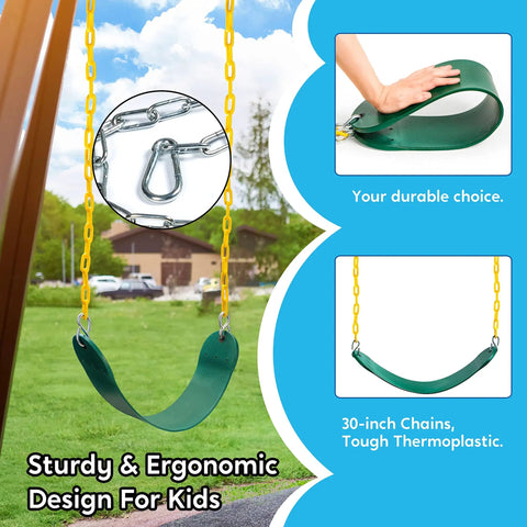 2 Pack Green Swing Seats Heavy Duty With 66 Inch Chains And Snap Hooks shown in outdoor playground setting