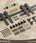 Heavy Duty Sliding Barn Door Hardware Kit For 60 Inch Wide Double Doors, 20 Foot Track, disassembled parts, black finish