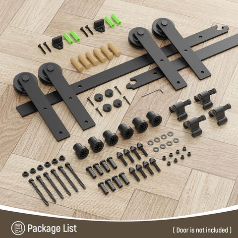 Heavy Duty Sliding Barn Door Hardware Kit For 60 Inch Wide Double Doors, 20 Foot Track, disassembled parts, black finish