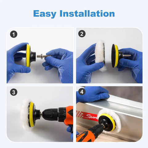 Step-by-step installation of Five Piece 3 Inch Wool Buffing Pad Set for Drill With Hook and Loop Backing M10 Adapter