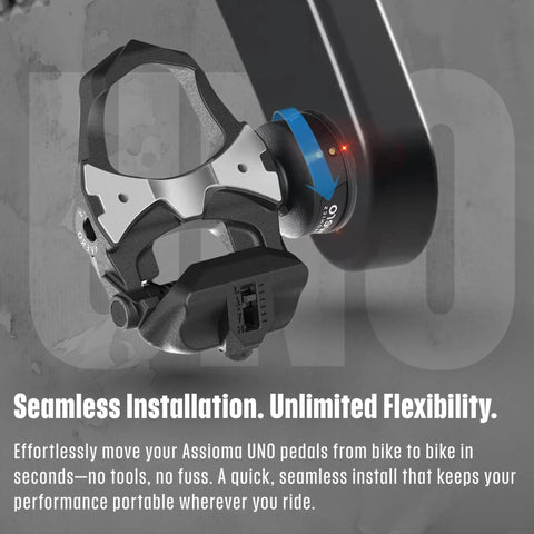 Close-up of Uno Single-Sided Power Meter Pedal Bundle with pedal mounted on crank.