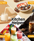 Collage featuring soy milk, yogurt with granola, colorful fruit juices, and iced coffee labeled 'Kitchen Helper'.