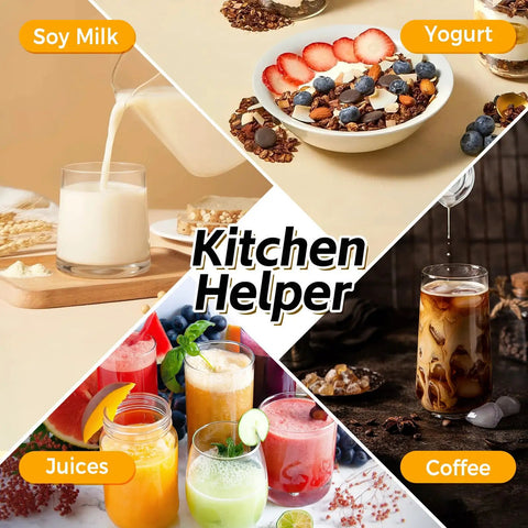Collage featuring soy milk, yogurt with granola, colorful fruit juices, and iced coffee labeled 'Kitchen Helper'.