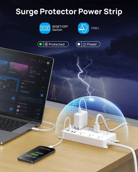 Beefed Up Surge Protector Power Strip With 7 Widely Spaced Outlets 2 USB A And 2 USB C Ports in use with laptop and phone charging
