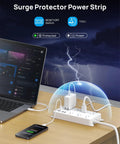 Game Changer Surge Protector Power Strip With 10 Foot Flat Plug Extension Cord in use on a desk with lightning background.