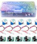 Front view: five 28BYJ-48 geared stepper motors with ULN2003 driver boards and color-coded cables in a clear storage case