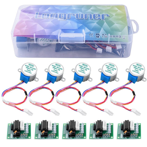 Front view: five 28BYJ-48 geared stepper motors with ULN2003 driver boards and color-coded cables in a clear storage case