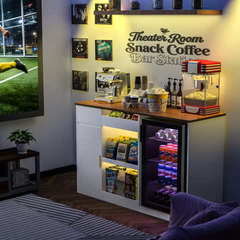 Snack Bar Cabinet With Fridge Space And Candy Display Shelf, All In One Coffee Station For Home Theater Or Game Room