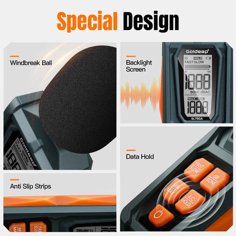 Handy Decibel Meter For Home, Office And Factory, Digital Sound Level Meter With AC Weighting, Reads 30 To 130 dB, Fast And Slow Response, Max And Min Readouts, LCD Screen, Neighbors Noise Checker, Vitality Orange. Close-up of orange buttons and LCD.