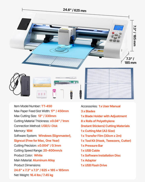 Pro Vinyl Cutter With Auto Edge Detection And Design Software For DIYers, open view, accessories, cutting mat, user manual.