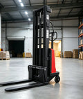 Heavy Duty Semi Electric Pallet Stacker With 3300 Lbs Capacity And 94 Inch Lift Height in a warehouse setting, showcasing its robust design.