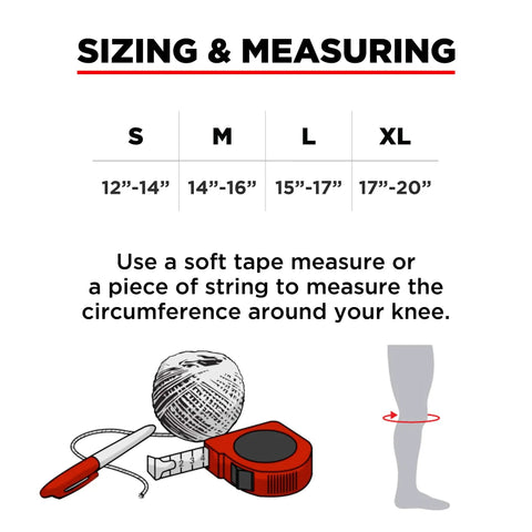 Sizing chart for Slim Knee Pad Black Medium With Fusion Groove Channel And Memory Foam For A Snug Dope Fit, showing measuring tools.