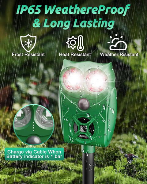 Solar Ultrasonic Animal Repellent With Motion Sensor And LED Lights, Waterproof Yard Deterrent For Deer Coyotes Raccoons And Cats, PIR Sensor Detects Up To 26 Feet At 110 Degree Coverage, Eco Friendly Solar Power, IP65 weatherproof stake