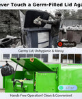 Adjustable Hands Free Trash Can Lid Holder For Dumpsters Hella Sturdy Contactless Stand Keeps Garbage Covers Open, shown in before and after setup.