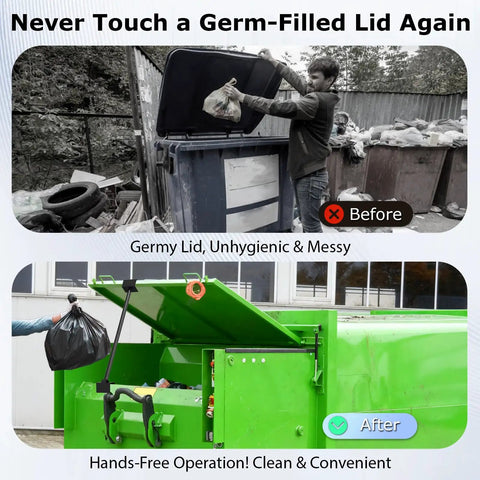 Adjustable Hands Free Trash Can Lid Holder For Dumpsters Hella Sturdy Contactless Stand Keeps Garbage Covers Open, shown in before and after setup.