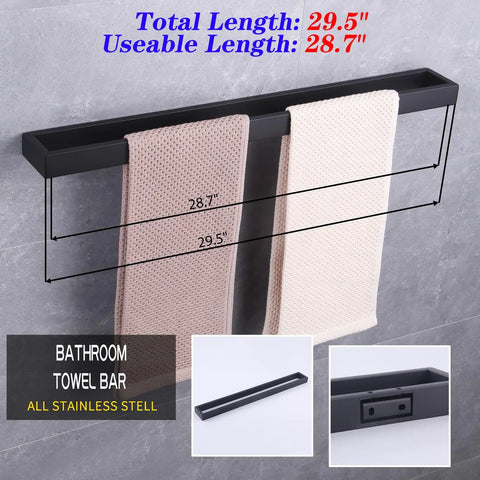 Matte Black 30 Inch Bathroom Towel Bar Made From SUS 304 Stainless Steel, wall mounted with towels, showcasing length and details.