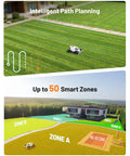 LUBA 3 AWD 5000 Boss Robotic Lawn Mower demonstrating intelligent path planning and up to 50 smart zones on a large lawn.