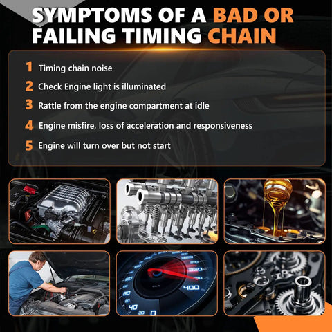 Symptoms of a bad timing chain for Timing Chain Set With VVT Gear For 1.6L Kia And Hyundai Cars 2012 To 2020 models.