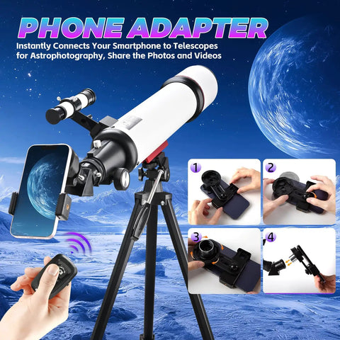 Beginner Friendly 90mm Refractor Telescope For Adults With 700mm Focal Length on tripod with phone adapter and remote