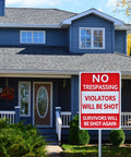2 Pack Heavy Duty Reflective Aluminum No Trespassing Signs Violators Will Be Shot Warning For Night Visibility 14x10 Inch Yard Security Signs Weatherproof Rustproof Durable Outdoor Signage on front yard