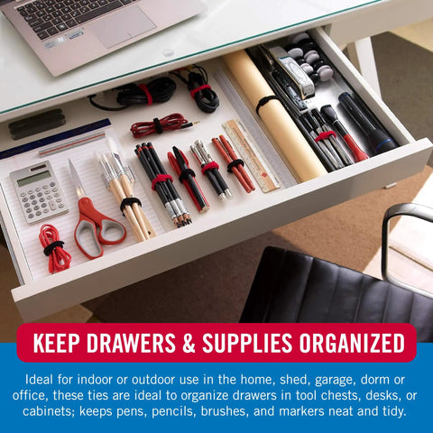 Drawer with organized pens, pencils, scissors, and Self Fastening Cable Ties 100 Pack 8 By 0.5 Inch Black Thin Pre Cut Wire Management Straps