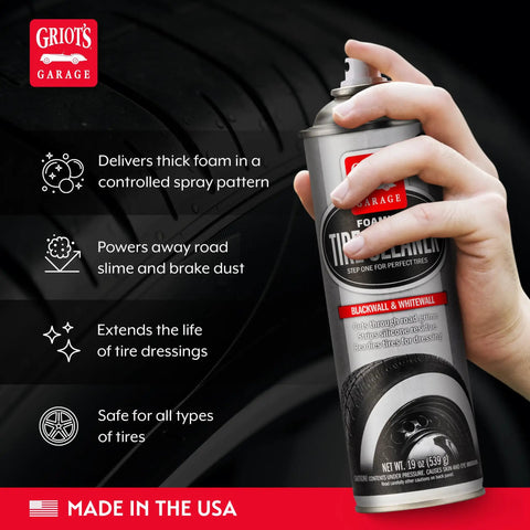 Powerful Foaming Tire Cleaner That Dives Through Brake Dust and Silicone Residue, Lifts Grime From Car, Truck, Motorcycle, and RV Tires, Safe on Whitewalls, 19oz, Model 10952 spray can in hand