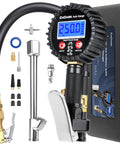 All In One Digital Tire Pressure Gauge With Inflator Kit 250 Psi Air Compressor Attachment Inflation Gun 360 Degree Chuck Extended Hose Quick Connect Deflate And Inflate Readout Carrying Case alongside various attachments and a case.