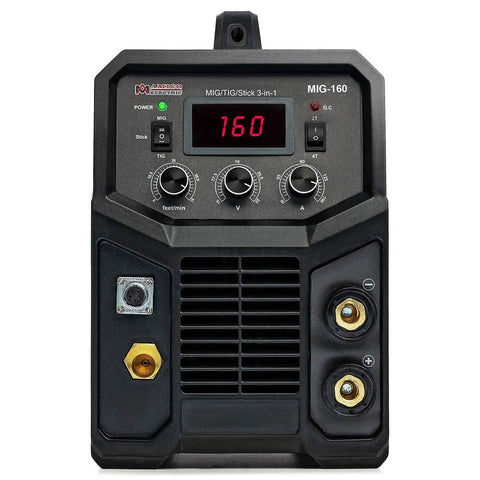 Front view of All In One 160 Amp MIG TIG Stick Flux Core Arc Welder With Spool Gun DC Inverter Aluminum Ready Beast Mode Multi Function Welder.