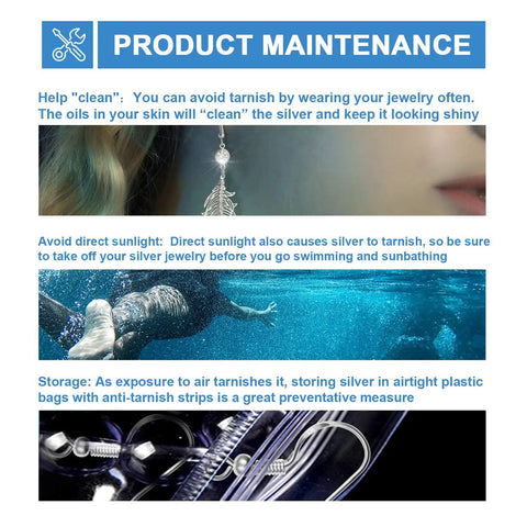 Product maintenance tips for sterling silver earring hooks set for DIY jewelry making shown with water, swimming, and storage images.